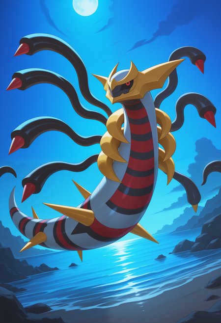 masterpiece,best quality, amazing quality, 1boy, solo, g1r4t1n4, pokemon (creature), black tentacles, colored sclera, red eyes, full body, outside, night,