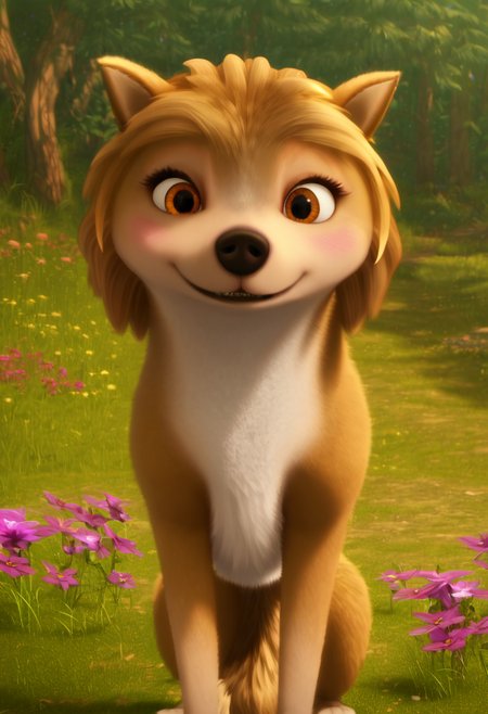 zPDXL, score_9_up, score_8_up,_7_up, score_6_up, score_5_up, score_4_up ,source_furry, best quality, amazing quality, masterpiece, 1girl, looking at viewer, solo, fullbody, cute, blush, cute smile, cute pose, out doors, forest, trees, field, flowers, kate, wolf girl, golden-brown fur, brown eyes, wolf tail, wolf ears, <lora:Kate:1>, Expressiveh, good_hands, <lora:Expressive_H:0.8>, <lora:Detail_Slider_v1.4_iteration_3:4>, <lora:pony_good_hands:0.8>