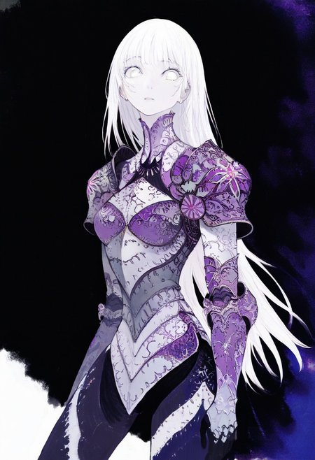 solo, looking at viewer, white eyes, plain black background, 1woman, solo, long white hair, pale white skin, purple and blue armor, masterpiece, best quality, aesthetic, absurdres
 <lora:monfornoob:0.95>