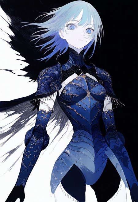 solo, looking at viewer, blue eyes, black background, 1girl, solo, long blue hair, pale white skin, blue armor, masterpiece,best quality,very aesthetic,absurdres
 <lora:monfornoob:0.95>