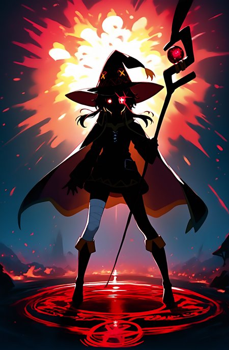 1girl, megumin, kono subarashii sekai ni shukufuku wo!, sensitive, silhouette, backlighting, explosion background, orange drop shadow, dark night, embers, magic circle, holding staff, single bandaged leg, glowing eyes, solo focus, red orb staff, witch hat, knee boots, eyepatch, dark, masterpiece, best quality, very awa, newest, <lora:Eyes_Lora_Pony_Perfect_eyes:0.60>, <lora:ponyv5_noobV065S_1_adamW-000013:1.00>