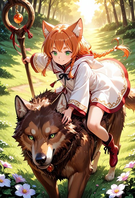 1girl, solo, masterpiece, best quality, newest, absurdres, CG, anime, source anime, illustration, very aesthetic, high resolution, ultra-detailed, newest, scenery, medium depth of field, rule of thirds, masterpiece-level, clean lines, sharp, focused subject, <lora:Mimi_Pearlbaton:0.85>
BREAK 1girl, solo, long hair,  hair ornament, animal ears, green eyes, braid, cat ears, orange hair, twin braids,
white robe, red boots, holding wooden staff,
dynamic pose, smiling, riding on wolf, brown wolf
outdoors, meadow, flowers, bushes, rhododendrons
cinematic angle, various angles, detailed background, beautiful background, (rays light:1.0),(grow:1.0), light particles