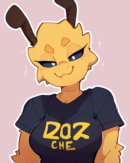 score_9_up, score_8_up, score_7_up, score_6_up, by remanedur, half-length portrait, bee, yellow body, narrowed eyes, smug, large breasts, furry female, yellow body, yellow fur, female, furry, looking at viewer, t-shirt, bottomless, solo, neutral expression, three-quarter view, head tilt, simple background, white outline,  <lora:Leah_Pines(AIM)_XL_v1:0.15> <lora:PDXL_artist_tags_v2_big:0.5> <lora:The-Minuscule-Task_PDXL_v1.0:0.6>   <lora:Mercy_goonie:0.55>