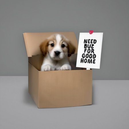sad puppy in box with a sign saying "Need buz for good home"