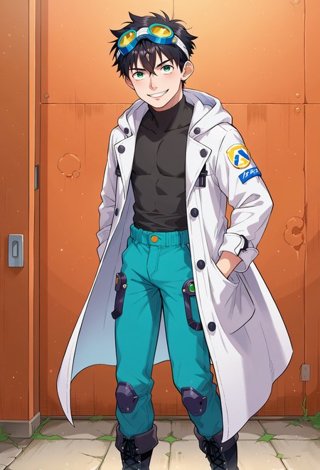 score_9, score_7_up, source_anime, solo, BREAK <lora:molokonomi_ForPonyV2:1> male focus,, smile, 1boy, green eyes, short hair, black hair, bangs, hair between eyes, messy hair, (goggles on head:1.2), headband, white coat, hooded coat, hood down, open coat, black turtleneck, capri pants, layered pants, black knee boots,