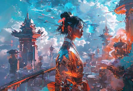 Art  by THE scandinavian Style Palette(impressionism:1.7)-----in  THE Style of Josef kote----
Cinematic composition perspective, Fractured, impressionistic 
((masterpiece, best quality, extremely detailed, absurdres)),(cyberpunk illustration, dynamic lighting), flying above a futuristic sci-fi  Chinese city lit by jade fires, 1girl, artistic use of contrasting colours and brightness, beautiful face, resplendently highlighted.
double exposure
(guarded by a Chinese dragon made of cloud:1.2), two broken moons can be seen in the sky, fullbody, dress, <lora:flat2:-1.8>, 8k, very fine detail, cinematic composition and lighting, gold leaf highlights
Resplendent spotlighting.