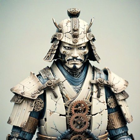 cracked porcelain samurai statue, weathered, fractures revealing gears, clockwork mechanisms, steampunk, reborn, detailed textures, muted color palette, vignette, centered composition