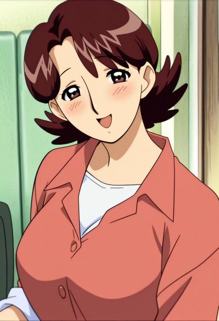 best quality, masterpiece, anime screencap, anime coloring, ultra detailed, source_anime, intricate details, perfect anatomy, 1girl, solo, looking at viewer,
harukaze haruka, brown hair, short hair, flipped hair, brown eyes, bangs, parted bangs, breasts, large breasts, mature female,
upper body, smile, happy, 
shirt, red shirt, pants, shoes, smile, open mouth, shirt, collared shirt, sleeves rolled up, buttons, 
indoors, blush, happy, :d