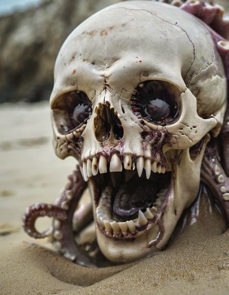 a skull, in the deep of sea, tentacles inside the skull, opened mouth, screaming, corrupted, cracks on skull, cinematic photography, standing on sand on deep of see, tentacles inside the eyes, depth of field,