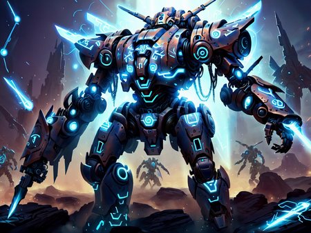 <lora:MagicAI:.9>   GlowingRunesAI_paleblue   battle mech , Highly detailed, sci fi fantasy setting, intricate detailed background