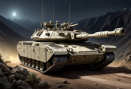 (medium full shot) of (versatile expansive digital-camo tank) with reactive armor, gas-turbine, amphibious capabilities, adorned with tactical markings, set in  a valley ambush, with strategic positions on the slopes, the tank preparing for an attack , during a nighttime operation, ,Masterpiece,best quality, raw photo, realistic, very aesthetic