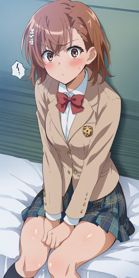 score_9, score_8_up, score_7_up, score_6_up, source_anime, intricate details, mikoto misaka,  <lora:Mikoto_Misaka:1>, tokiwadai uniform, plaid skirt, multicolored skirt, hair ornament, blazer, red bow, black socks, brown eyes, brown hair, short hair, looking at viewer, official artstyle, medium breasts, sitting, inside, grabbing legs, embarassed face, blushing