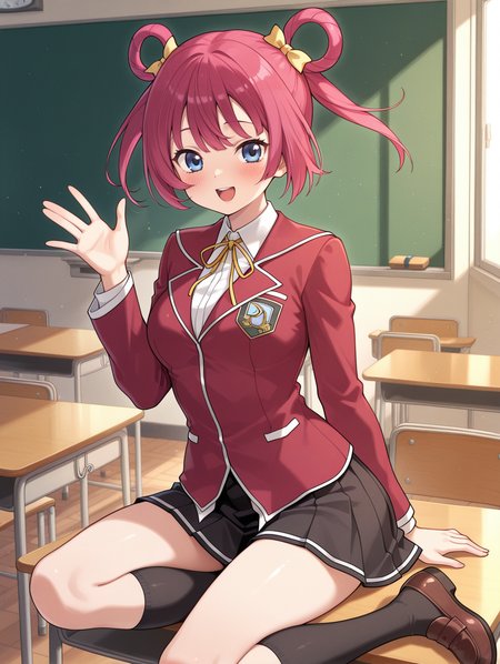 kaiho rin,1girl,solo,floating hair,open mouth,smile,blush,double yellow hair ribbon,duel academy uniform \(yu-gi-oh! 5d's\),red blazer,white collared shirt,yellow neck ribbon,hand up, black skirt, classroom, black kneehighs, brown shoes, sitting, waving
masterpiece,best quality,amazing quality,very aesthetic,absurdres,newest,<lora:Reika Hara & Kaiho Rin illusXL v1:0.72>,