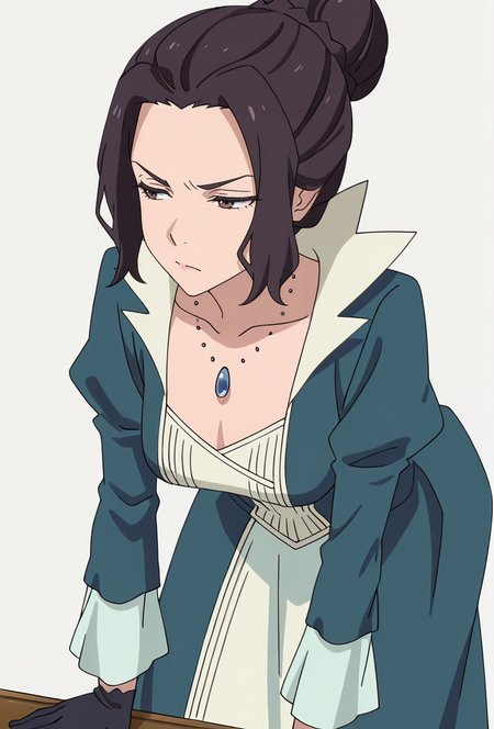 Smooth Quality,masterpiece,very intricate, high quality details, ultra realistic, high detailed skin,detailed enviorement,absurdres,
simple background, white background, 
bent over,annoyed,
 <lora:Blumund_Queen_cnn:0.8>blumundqueencnn,1girl, black hair, hair bun,
long sleeves, blue dress, black gloves,jewelry, necklace,