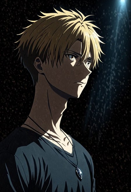 high resolution, solo, best quality, 1Boy, Yamato Ishida, Blond Hair, Necklace, cool, Mysterious black background, Movie lighting, a sense of atmosphere, OverallDetail