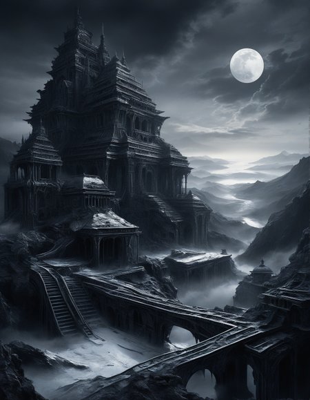 Dark Fantasy Art of Dark Moody Atmosphere, H.R. Giger: (biomechanical horror), (alien landscapes), (Futuristic color guide), (surreal organic forms),
Kim Hong-do: (minimalist landscapes), (balanced composition), (soft ink washes), (philosophical themes) :cite[7],
machine cathedral with rusted gear ecosystems,
Indonesian rice terraces at dawn,
Heatwave Weather,
a winter cloudscape, with clouds heavy with snow, the sky a soft gray, promising a gentle snowfall,
Moonlit midnight clarity,
Fall foliage color explosions,
<lora:add-detail-xl:0.7>,
<lora:DetailMaximizer:0.3>,
<lora:brho:0.2> brho,
<lora:Deep_depth_of_field:0.3>,
<lora:extremely_detailed:1> extremely detailed,
 <lora:MJ52_v2.0:0.25>, dramatic, mysterious, dark moody atmosphere, dark, moody, dark fantasy style