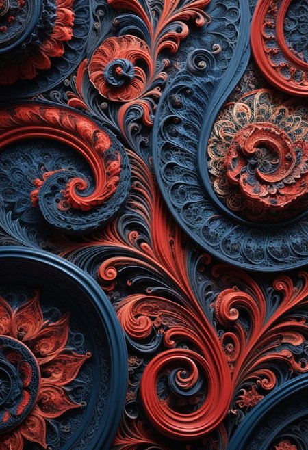 photo of a paisley pattern, official art, aesthetic, dynamic angle, hyper detailed, order and chaos, dark colors, (extremely detailed, intricate details, masterpiece, best quality, 8k wallpaper:1.4), dramatic lighting, (dark blue and madder red palette:1.2), boteh, paisley, navy blue, madder red, almond