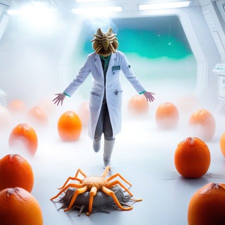 fchgr, blood orange style, xenoegg, view of a group of hatched xenoeggs, xenoeggs made of orange peel, horror theme, green light, space station interior, foggy ground, beautifully lit,
Female Doctor in lab coat with facehugger jumping at her, facehugger, alien facehugger