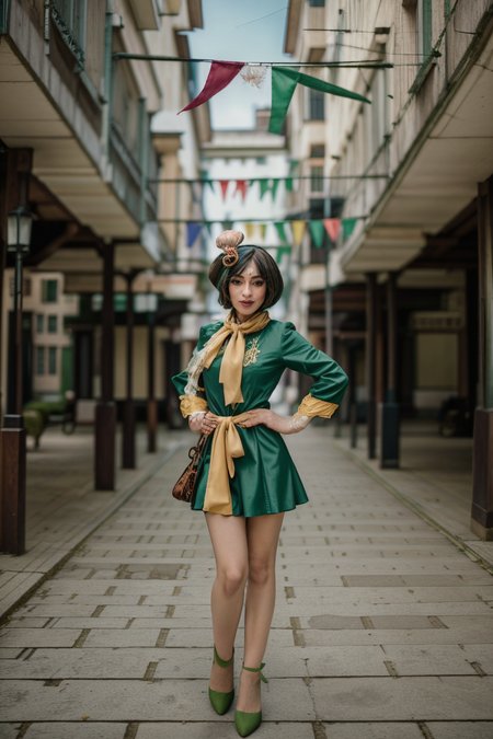 <lora:LCM_LoRA_Weights_SD15:1>,<lora:detail_slider_v4:1.2>,(charming jester) 48year old middle-aged woman, cameltoe:1.3, petite body build, extra long light green Hairs, curtain bangs haircut, , korean, ebony  skin, wearing a jester hat with bells, motley dress with ribbons,colorful jester shoes , colorful scarf, set in Courtyard, open space with cobblestone ground, surrounding walls with ivy, central fountain, colorful pennants hanging above, wooden benches ,(full body:1.3),(full shot:1.3),(wide shot:1.3),(full body portrait:1.3),dutch angle:1.1,time-lapse photography, dynamic motion, fluid transition, changing landscape, evolving scene, captivating visual storytelling, accelerated time,