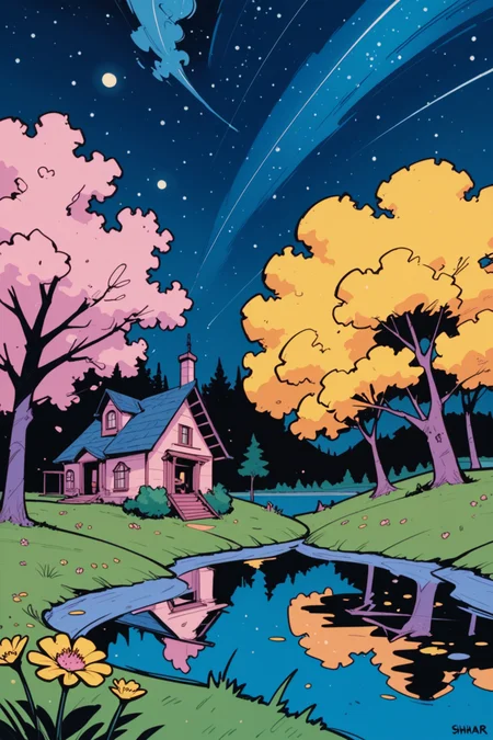 star \(sky\), sky, flower, scenery, no humans, night, outdoors, starry sky, night sky, tree, house, nature, milky way, water, pink flower, yellow flower, building, lake, forest, grass, mountain, field, a_Comic_Illustration, rough lines with ink, (drawn:1.1), (sketch:1.5), (crosshatching:1.25), (comic style:1.1), graphic novel style, sharp lines, hires, zstyle, (western comics \(style\):1.1), (hatching \(texture\):1.2), zPDXL, Mr_Monster_Possitive, <lora:Expressive_H:0.5>, score_9, score_8_up, score_8_up,