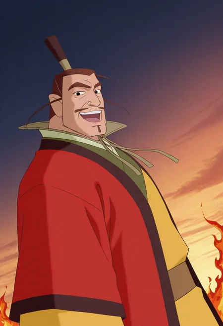 1boy, standing, laughing, smile, happy, upper body, looking at viewer, open mouth, laughing, dutch angle, from side,
BREAK
zhouwang, mature male, thick eyebrows, short hair, brown hair, black eyes, mustache, soul patch,
headgear, chin strap, chinese clothes, yellow robe, red overcoat, brown belt, layered clothes, high collar,
BREAK
fire, burning, sunset, cloud,
BREAK
best quality, masterpiece, very aesthetic, absurdres, highest detailed, very awa, dark background, 
<lora:DILFs_and_Creatures_from_The_Legend_Of_Nezha_v0.1:1>