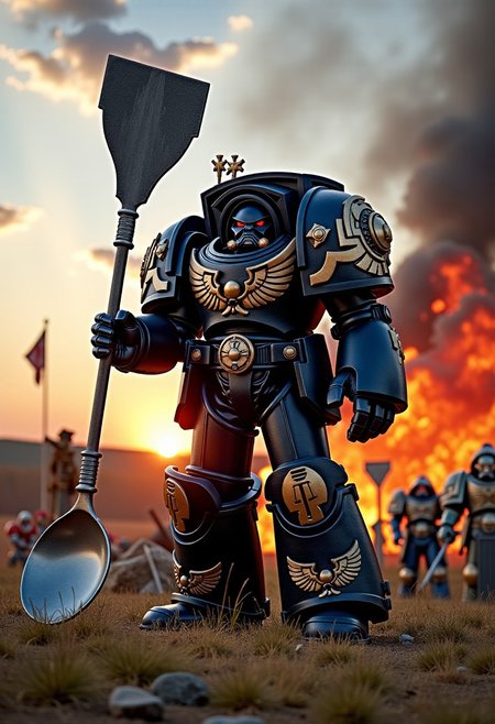 cimematic. low angle shot. a black_legion space marine stands in a battlefield holding a large kitchen spoon, kitchen utensil or ladle in each hand while standing in a threatening combat stance, ready for battle. Fire, explosions and war rages around the warriors