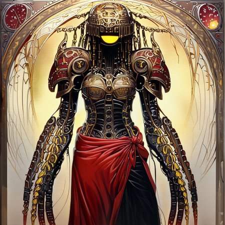 Bionic Woman,1girl, looking at looking at viewer, Heavy  braids, yellow eyes || helmet, o-ring top, red sarong, black shorts, shoulder armor, monster girl, 1girl, monster girl, gradient, colored skin, solo, covered eyes,, ultra detailed, masterpiece, best quality, aesthetic, detailed,
ArsMJStyle, Art Nouveau