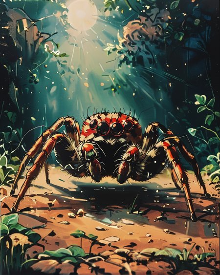 photograph, Spider, spotlight, Sony A9 II, F/8, very detailed, amazing quality, intricate, cinematic light, highly detail, beautiful, surreal, dramatic  <lora:Vintage_Anime:1>