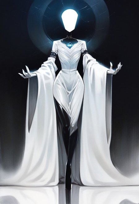 score_9, score_8_up, score_7_up, score_6_up, st3v3n, source_cartoon, solo, full body, a feminine human with a single black gem embedded in their leg, wearing white robes, white body, white skin, glowing eyes eyes, see through robes, black leg gem, white humanoid, body markings, white theme, flat chest, shiny, dynamic reflection, dark background,digital artwork, highly detailed, ultra detailed, sharp focus, Expressive, traditional media, vibrant colors, digital art, masterpiece, 4k uhd, dramatic lighting