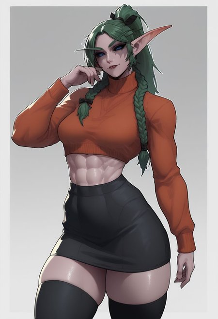 score_9, score_8_up, score_8, rating_explicit, 
((tall girl)), massive body, (muscular),  solo, lustfull look, looking at viewer, soft seductive smile, 
TyrN, colored skin, pointy ears, elf, green hair, long hair, ponytail, twin braids, blue eyes, black sclera, medium breasts, 
fhair ribbon, long hair, ribbon, two side up, parted bangs, black skirt, black thighhighs, long sleeves, red sweater, turtleneck,