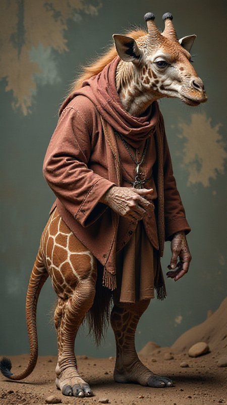 mage of an eccentric figure, mixture of a hypopotamus with giraffe