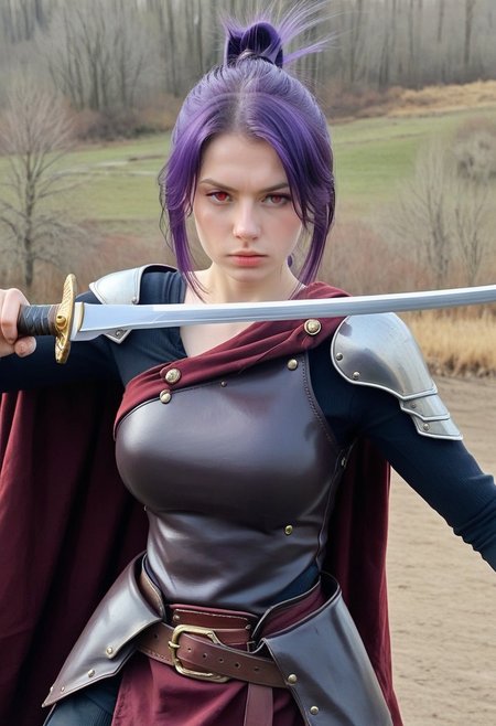 best quality, masterpiece, sfw,
n0m0, rsgrl, russian girl,
close-up shot, view from aside,
solo, holding sword, dynamic fighting pose,
1girl, 
sabia, human, purple hair, red eyes, folded ponytail,
armor, single shoulder armor, cape, single bare shoulder, clothed,
large breasts,  
looking at viewer, closed mouth,