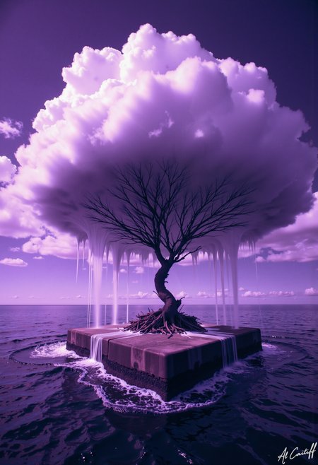 High-angle shot, 35mm fisheye lens with pronounced barrel distortion, intense motion blur on the surrounding water, extremely shallow f/1.4 depth of field. A surreal scene with a deep purple hue. A lone tree with a bare, twisted trunk rises from a square concrete slab floating in the middle of a vast, purple-tinted ocean. The tree's top is shrouded in a massive, cumulus-shaped cloud that appears to be melting or dripping, its edges blurred and distorted. The cloud is the only source of color in the scene, a brilliant white that seems to glow against the deep purple of the sky and water. The camera's fisheye distortion exaggerates the cloud's curvature, making it appear even more surreal and dreamlike.<lora:CustomFlux/MysticRealism.safetensors:1.0000000000000002:1.0000000000000002>