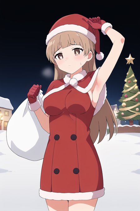 score_9, score_8_up, score_7_up , source_anime, solo, intricate details, masterpiece, high quality, prefect hands, best quality , anime screencap, <lora:DetailedEyes_V3:1> , KatanoPN, 1girl , brown eyes , white pupil , brown hair , long hair , snow , town , <lora:Katano_Bat_Holy_Envoy_Cross_Near_Heart:1> , sweating , sweat , cute , wet skin ,medium breast , armpit,  <lora:santa-costume-ponyxl-lora-nochekaiser:1>, santa costume, santa hat, christmas, sack, merry christmas, gift, fur-trimmed headwear, holding sack, santa dress, fur-trimmed dress, christmas tree, christmas tree, fur trim, red capelet, gift box, red gloves, fur-trimmed capelet, santa gloves, red hat, hat,