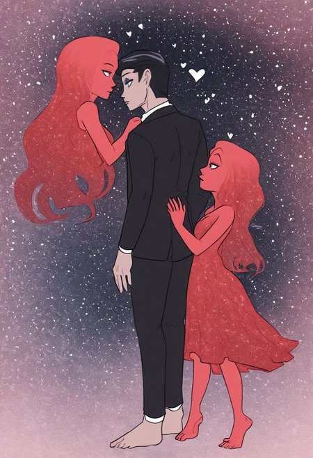 F1CNQRJCouple,This is a digital painting of a romantic scene featuring a couple in a dark, dramatic setting. The man in a black suit and the woman in a red dress stand barefoot on a reflective surface, facing each other under a heart-shaped, glowing red nebula.