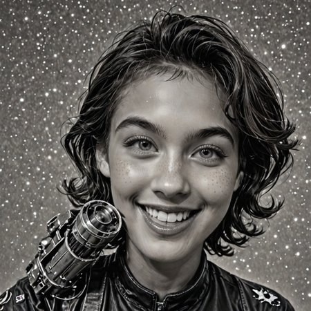 Realistic, cinematic shot, selective color, monochrome background, 4k, Gadget fighting aliens, 18yo, blaster, alien planet, Gadget, smile, perfect face, easynegative, ALRGFC, alluring face, Stable_Yogis_PDXL_Positives