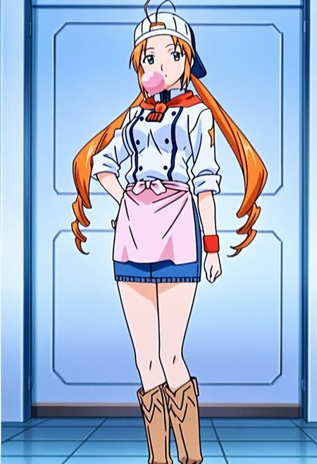 best quality, masterpiece, anime screencap, anime coloring, ultra detailed, source_anime, intricate details, perfect anatomy, looking at viewer, from front,
monica, 1girl, solo, long hair, ahoge, antenna hair, orange hair, drill hair, twintails, forehead,
chef, apron, confetti, wristband, skirt, waist apron, denim skirt, miniskirt, pencil skirt, sleeves rolled up, baseball cap, tiles, buttons, uniform, scarf tie, backwards hat, boots,
chewing gum, bubble blowing,