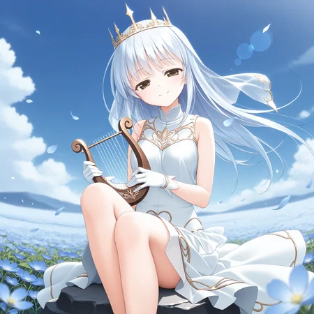 <lora:Sakura_no_Toki_art_n16c16_nai_Loha:1.4>,Sakura no Toki art,
<lora:Colette_Anastasia_1_nai:0.8>,Colette Anastasia,gold crown,bridal veil,white gloves,white dress,sleeveless dress,gold trim,1girl,solo,smile,front view,sitting,head tilt,knee up,legs together,on rock,harp,holding instrument,blue sky,depth of field,lens_flare,flower field,half-closed eyes,falling petals,blue flower,wind,floating hair,