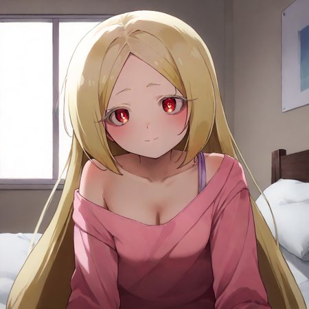 score_9, score_8_up, score_7_up, source_anime, 1girl, breasts, smile, solo, looking at viewer, shirt, indoors, off shoulder, cleavage, blush, pillow, closed mouth, on bed, collarbone, long sleeves, bed, pink shirt, single bare shoulder, bedroom, loose clothes, hand up, futon, bare shoulders, FlassoStyle, morino korisu, long hair, blonde hair, red eyes, very long hair, bright pupils, small breasts