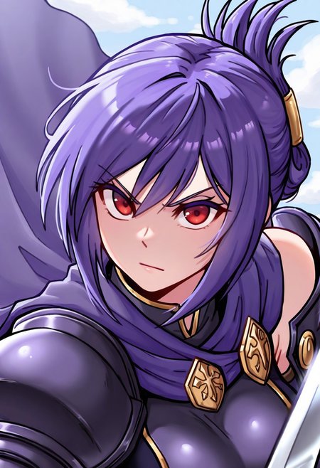 best quality, masterpiece, sfw,
n0m0, non_nya_nya_style, 
close-up shot, view from aside,
solo, holding sword, dynamic fighting pose,
1girl, 
sabia, human, purple hair, red eyes, folded ponytail,
armor, single shoulder armor, cape, single bare shoulder, clothed,
large breasts,  
looking at viewer, closed mouth,