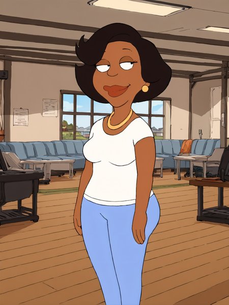 donna, dark skin, black hair, dark-skinned female, 1girl, jewelry, earrings, short hair, solo, necklace, flat color, shirt, white shirt, lipstick, pants, blue pants, mature female  <lora:DonaPony2.0:1>, smile,indoors, looking at viewer,  score_9, score_8_up, score_7_up, score_6_up, score_5_up, score_4_up