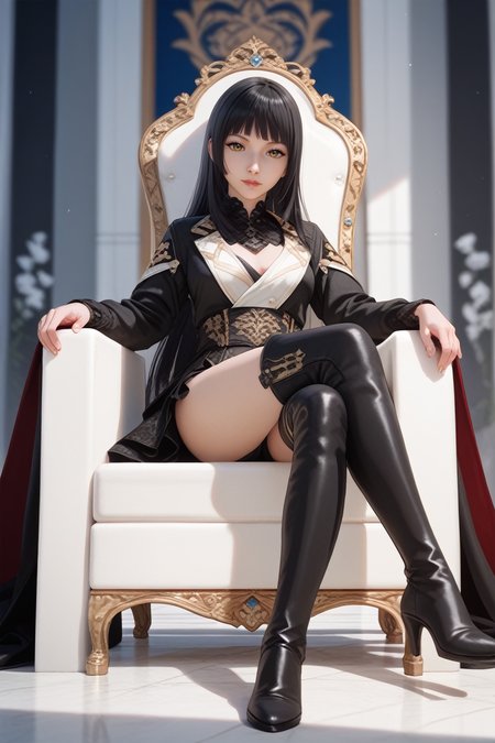 score_9, score_8_up, score_7_up,
<lora:FFGentiana:0.8>
FFGentiana, 1girl, black hair, long hair, blunt bangs, looking at viewer, sitting, throne, crossed legs, indoors, thigh boots