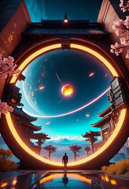 4D render, blender, landscape, Ancient,apocalypse, perfect world, cyberpunk 2077, unreal engine 5 graphics style, spaceship, outdoors, icon, floating in the air, outer space planet, sky gate,dinheirosaurus, human, bulding night, meteor aurora , flower, top-down view, firefly -ar 9:16, high saturation, high contract, fire effcect, bigbang, top-down view