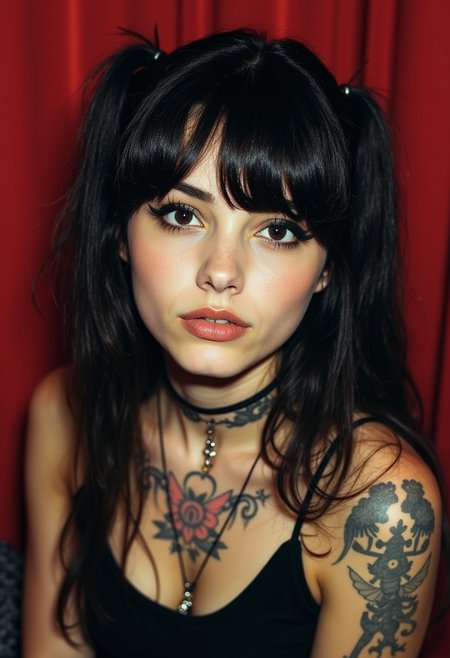 a beautiful female college student goth, 1986, vintage Photobooth, detailed facial features, makeup, wearing eyeliner, scene hair, teased hair, tattoos, artsy, emo, found footage, Montreal, low resolution, quality, grainy effect, natural, imperfections, film grain, <lora:amateurphoto-version5-gm:0.3>