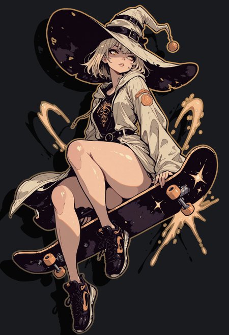 masterpiece, best quality, very aesthetic, detailed face, (dynamic:1.1), partial illumination, thick linework, illustration, 1girl, witch, (huge brimhat:1.1), mage, patched robes, streetwear, casting, platinum blonde hair, golden eyes, shadow, d41z3n, curvy, sitting on flying skateboard, city, spray paint, skater girl, fabric patches, teared clothes, 