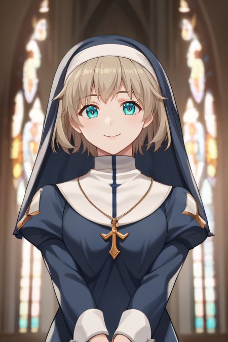 score_9, score_8_up, score_7_up, source_anime, rating_safe, intricate details, anime screencap, official style, 1girl, solo, <lora:Laura:1>, laura, light brown hair, aqua eyes, nun, habit, cross necklace, juliet sleeves, long dress, looking at viewer, smile, indoor, looking at viewer