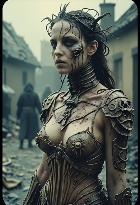 detailed eyes, the female embodyment of Plague harbinger of the apocalypse, realistic, surreal, ethereal, grainy film, 35mm photo