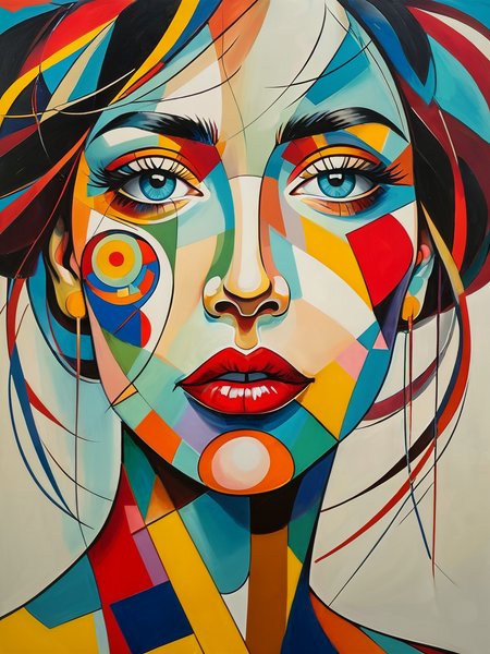 award winning abstract female portrait, 

Create a new style of art, one that merges the distinctive aesthetic styles of Wassily Kandinsky and Pablo Picasso,
