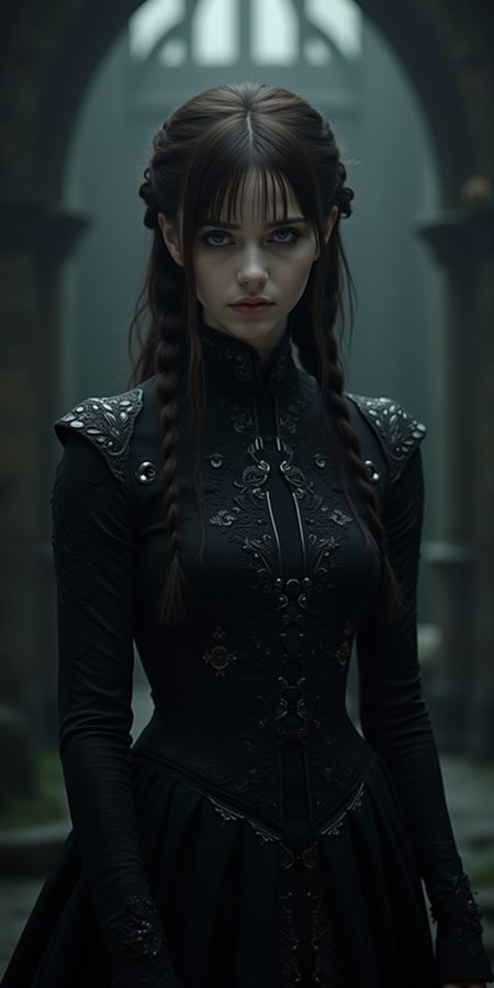 Design an image of Sansa Stark from Game of Thrones reimagined with a melancholic or emo aesthetic, under the name 'Sadie Stark.' She is dressed in dark, gothic-style clothing, such as a black, intricately detailed gown with silver accents, and her hair is styled in an emo-inspired look with long, dark fringes. Her makeup features dark eyeliner and subtle, somber tones. Sansa’s expression is one of deep sorrow and introspection, reflecting a poignant, emotional depth. The background is a dimly lit, gothic version of the Stark castle, with muted colors and a somber, atmospheric ambiance. The overall scene combines the elegance of Sansa Stark with a brooding, emo style, capturing a sense of melancholy and introspection.