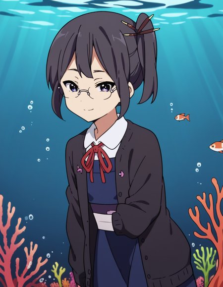 score_9, score_8_up, score_7_up, source_anime, <lora:shiori-asagiri-s1-ponyxl-lora-nochekaiser:1>, shiori asagiri, short hair, black hair, hair ornament, glasses, purple eyes, side ponytail, hair stick,, school uniform, open clothes, cardigan, open cardigan, ribbon, red ribbon, dress, blue dress, black cardigan,, seafloor, coral, fish, underwater, blue, , bent over, smug,, looking at viewer, solo,, dutch angle, cowboy shot